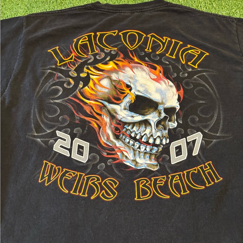 Y2K Laconia Bike Week Flaming Skull T-Shirt - Picture 4 of 7